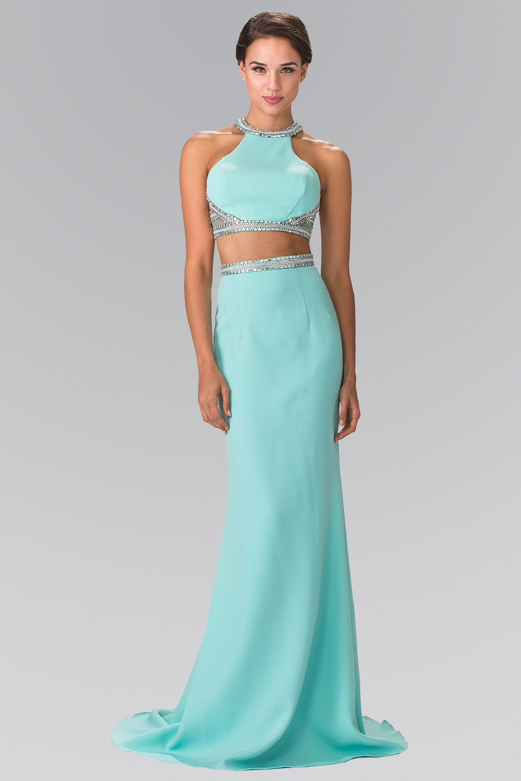 High Neck Two-Piece Jersey Long Dress Accented with a Beaded Band Waistline XL / Tiffany High Neck Two-Piece Jersey Long Dress Accented with a Beaded Band Waistline XL / Tiffany