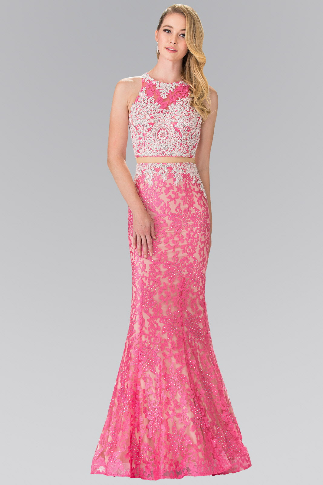 Mock Two-Piece High-Neck Lace Long Dress S / Pink Mock Two-Piece High-Neck Lace Long Dress S / Pink