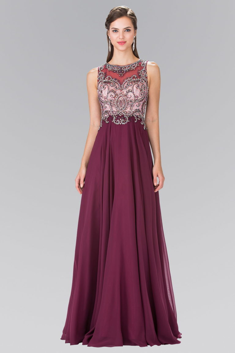Beaded Top Chiffon Long Dress with Open Back Tux-USA Beaded Top Chiffon Long Dress with Open Back Tux-USA