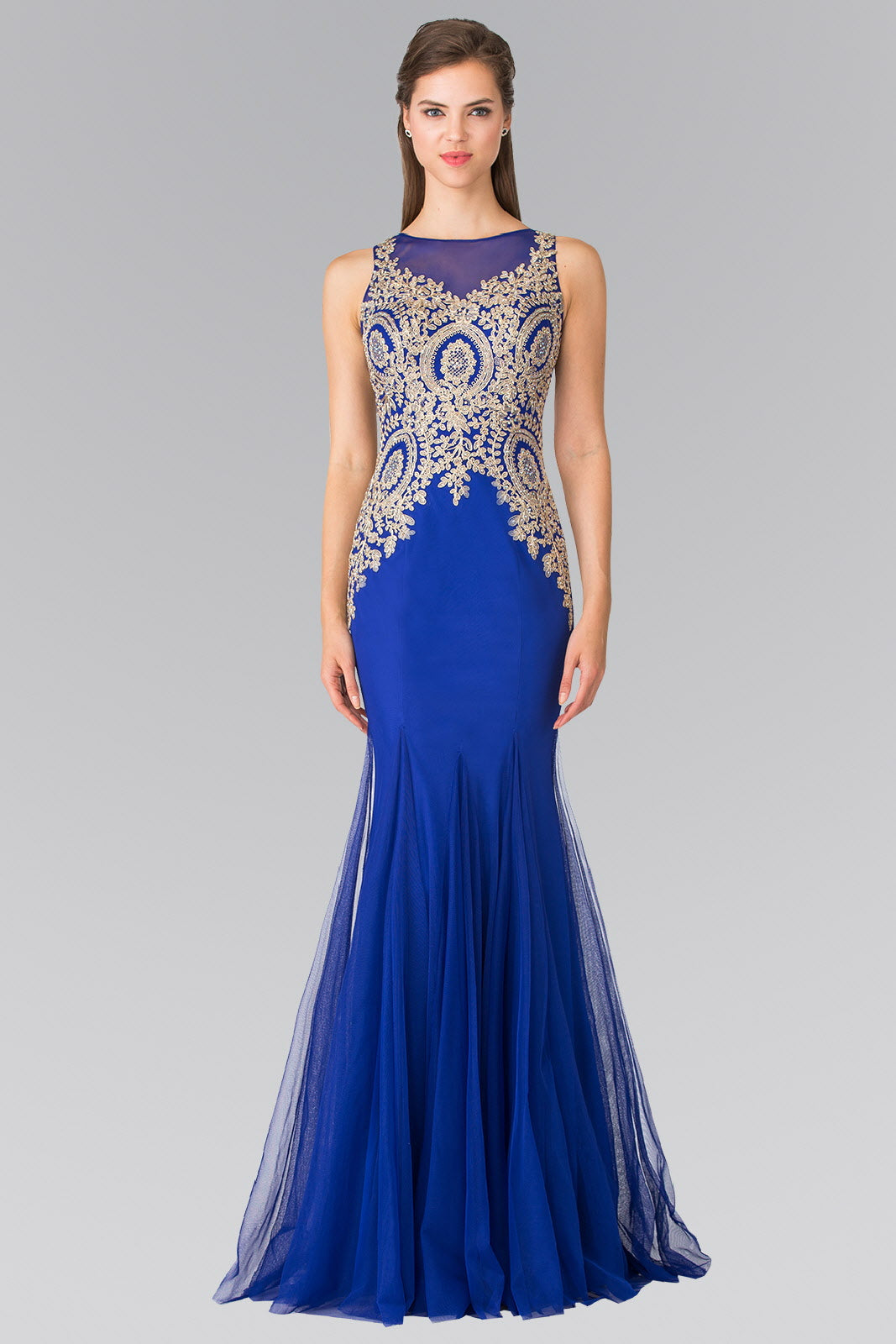 Embroidered Bodice Long Dress with Sheer Back Tux-USA Embroidered Bodice Long Dress with Sheer Back Tux-USA
