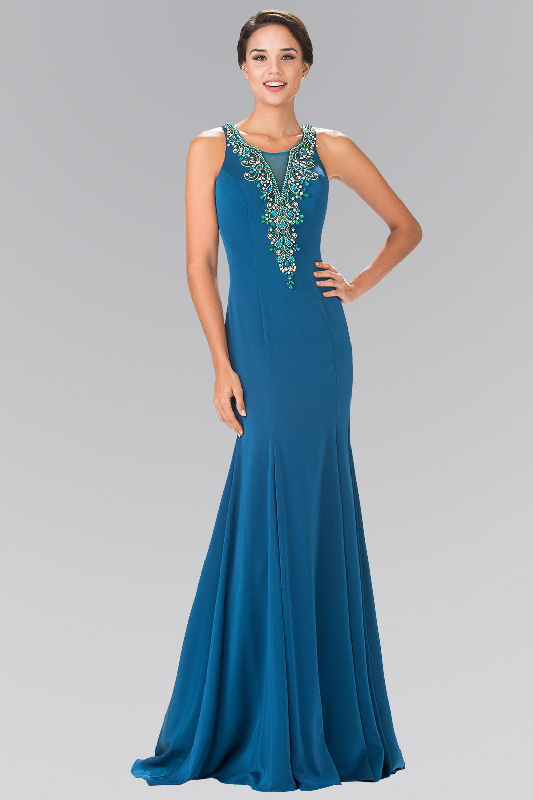 Illusion V-Neck Beaded Top Long Dress with Sheer Back Tux-USA Illusion V-Neck Beaded Top Long Dress with Sheer Back Tux-USA