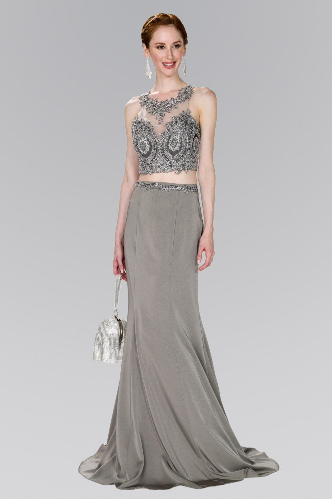 Full Embroidered Top Jersey Two-Piece Long Dress M / Silver/Silver Full Embroidered Top Jersey Two-Piece Long Dress M / Silver/Silver