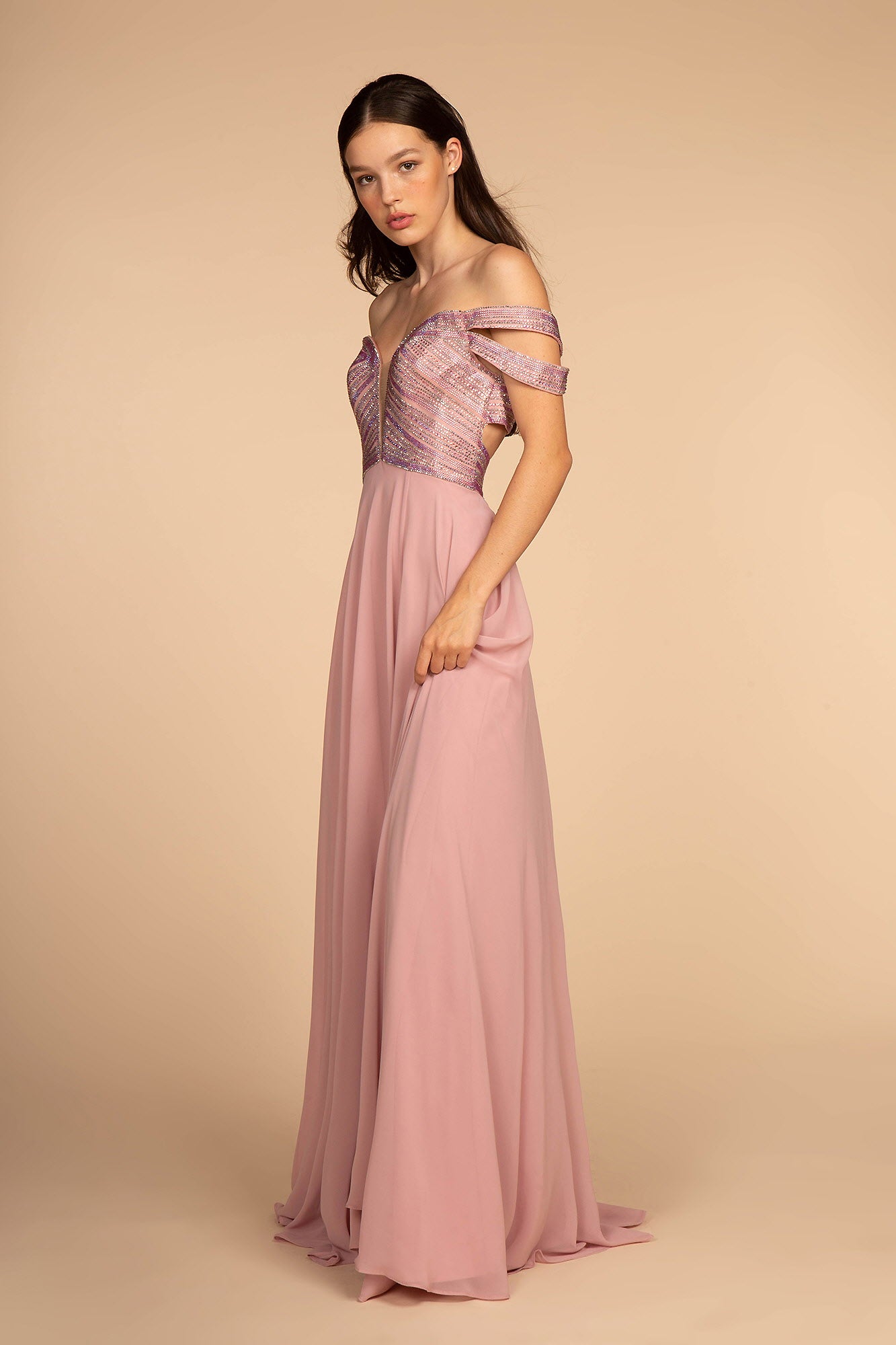 Jewel Embellished Bodice Illusion Deep V-Neck Chiffon Long Dress Tux-USA Jewel Embellished Bodice Illusion Deep V-Neck Chiffon Long Dress Tux-USA
