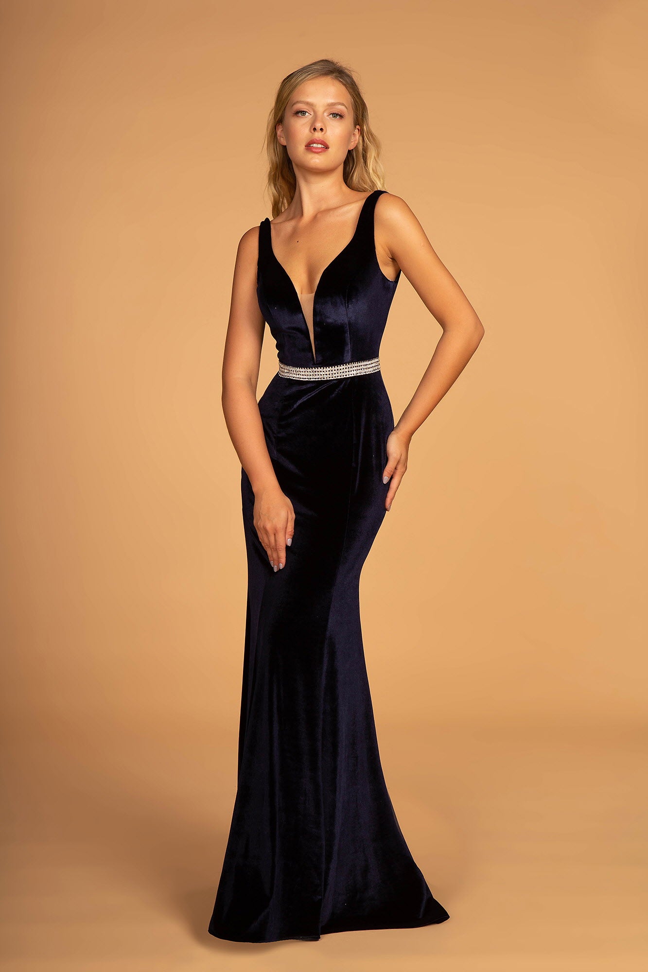 Jewel Accented Waist Line V-Neck Velvet Dress w/ U-Back L / Navy Jewel Accented Waist Line V-Neck Velvet Dress w/ U-Back L / Navy
