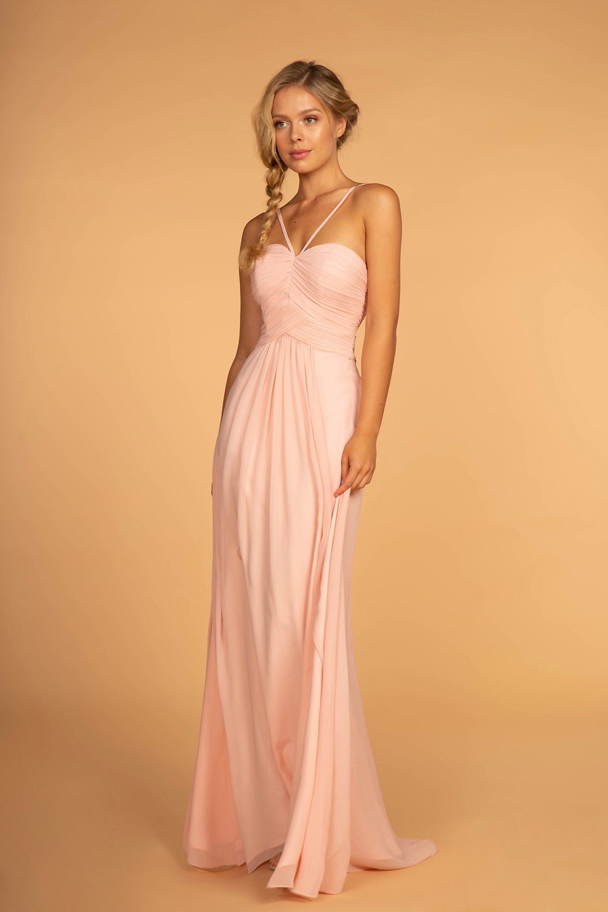 chiffon ruched dress Women's Baby Pink Chiffon Ruched Ruffle Maxi Dress