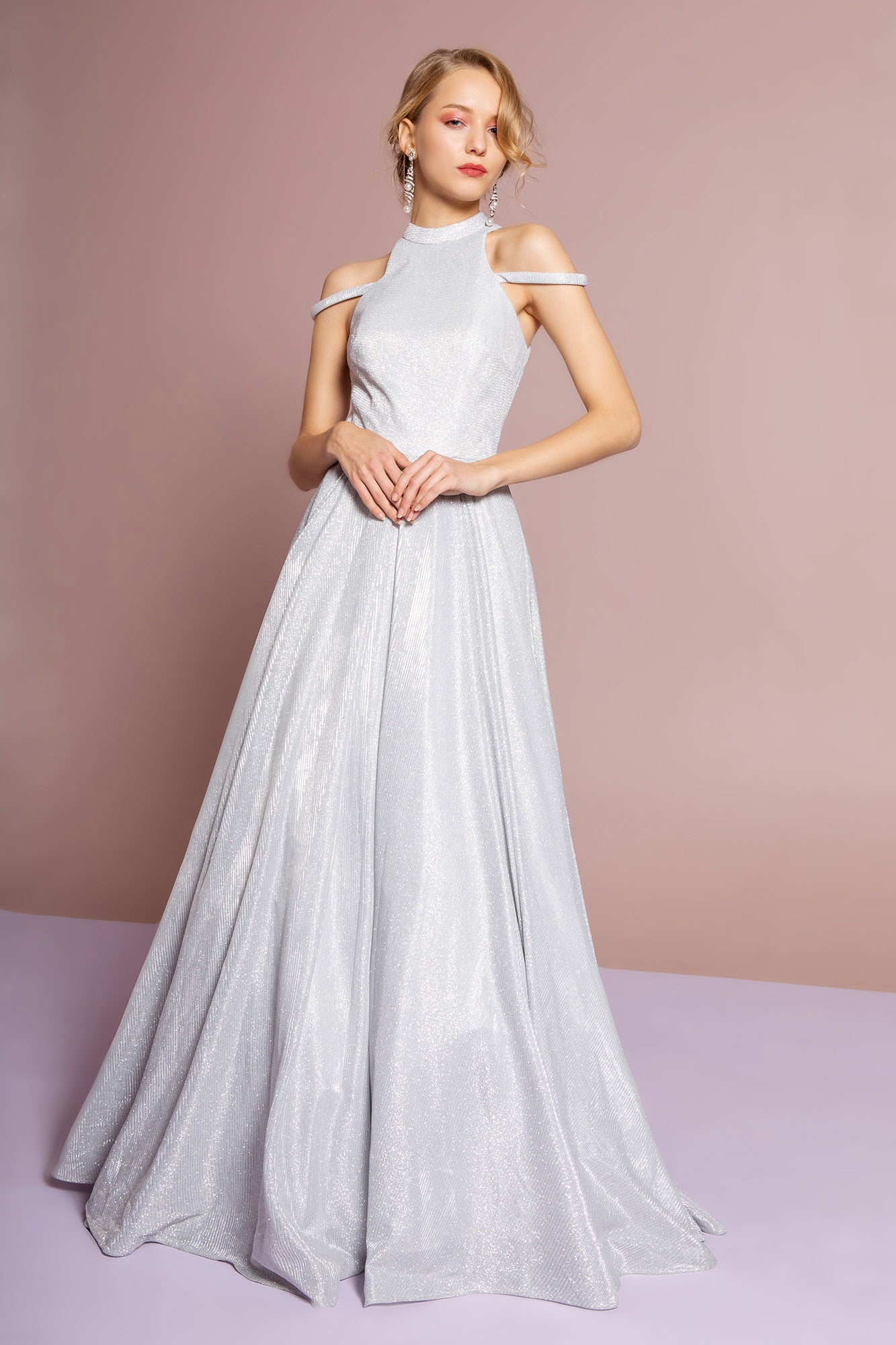 Halter Neck Glitter Crepe A-Line Long Dress XL / Silver Halter Neck Glitter Crepe A-Line Long Dress XL / Silver