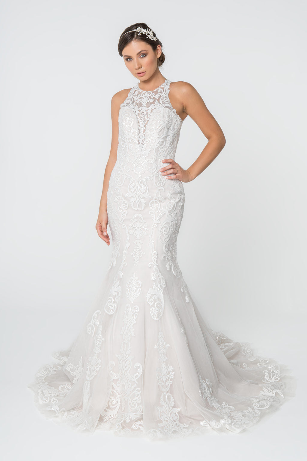 Lace Embellished Mesh Wedding Gown w/ Sheer Back Tux-USA Lace Embellished Mesh Wedding Gown w/ Sheer Back Tux-USA