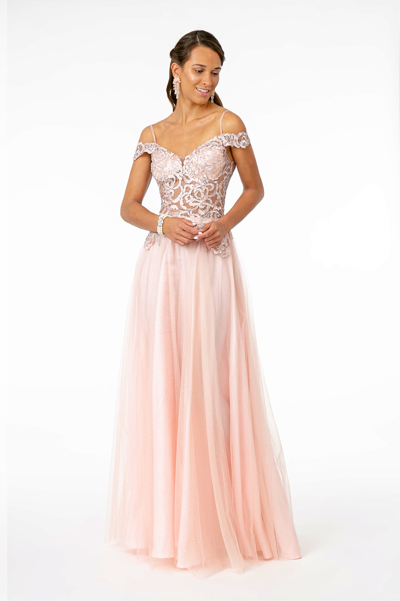 mesh top prom dress Ladivine CD343 - Long Sheath Dress
