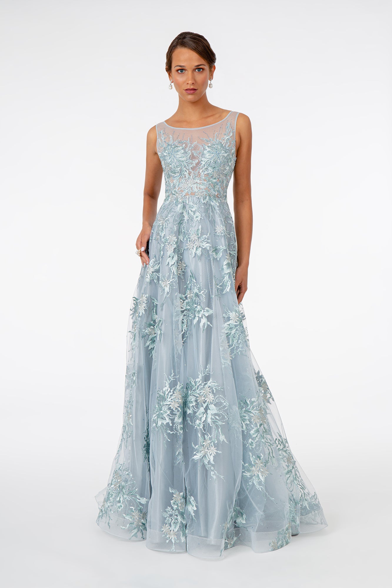 Embroidered Mesh A-Line Long Dress 2XL / Grey Blue Embroidered Mesh A-Line Long Dress 2XL / Grey Blue