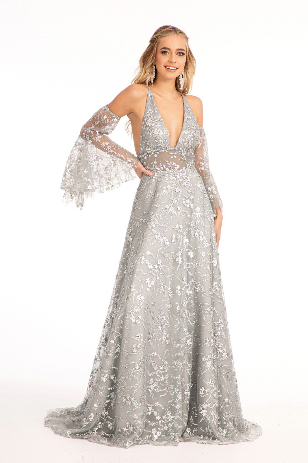 Long Formal Glitter Mesh Prom Dress - Gray / S Long Formal Glitter Mesh Prom Dress - Gray / S