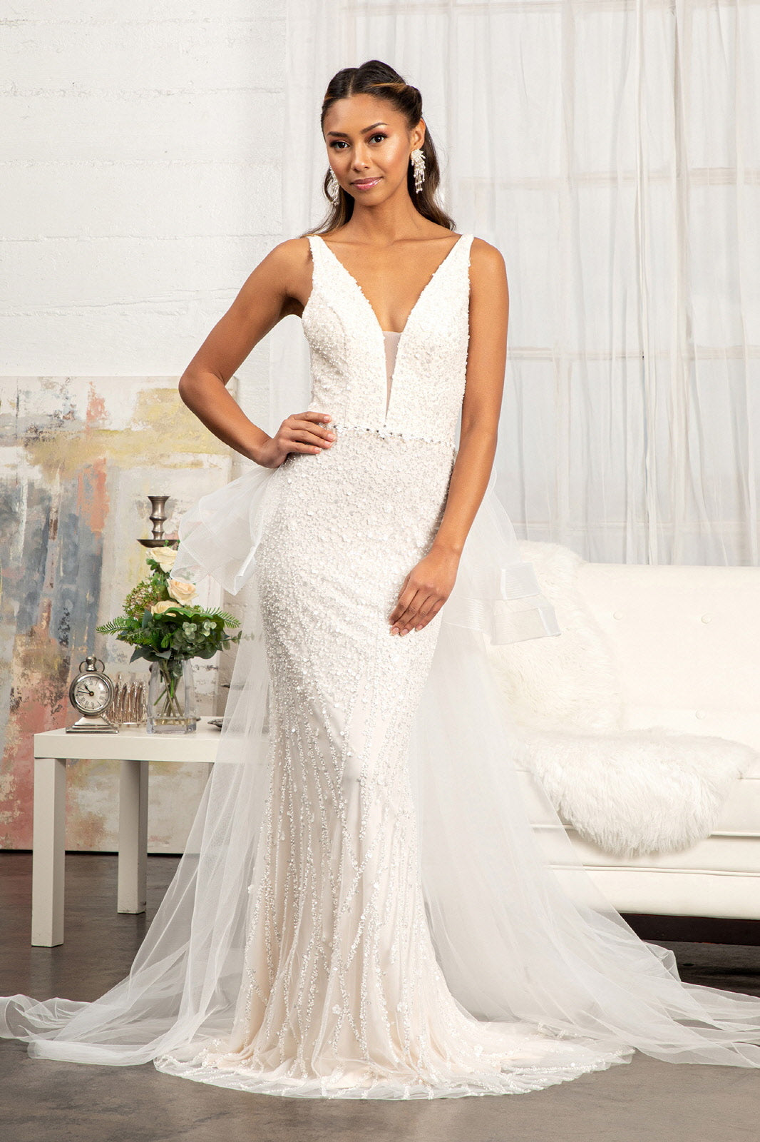 3-D Flower Applique Mermaid Mesh Wedding Gown w/ Detached Mesh Layer 2XL / Ivory/Champagne 3-D Flower Applique Mermaid Mesh Wedding Gown w/ Detached Mesh Layer 2XL / Ivory/Champagne