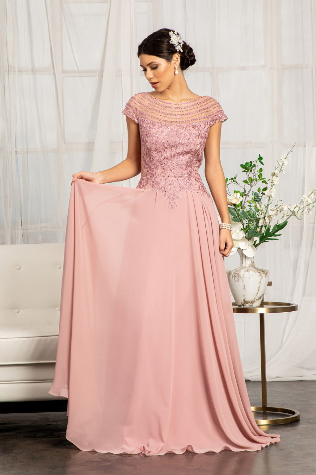 Long Formal Chiffon Mother of The Bride Dress - Dusty Rose / S Long Formal Chiffon Mother of The Bride Dress - Dusty Rose / S