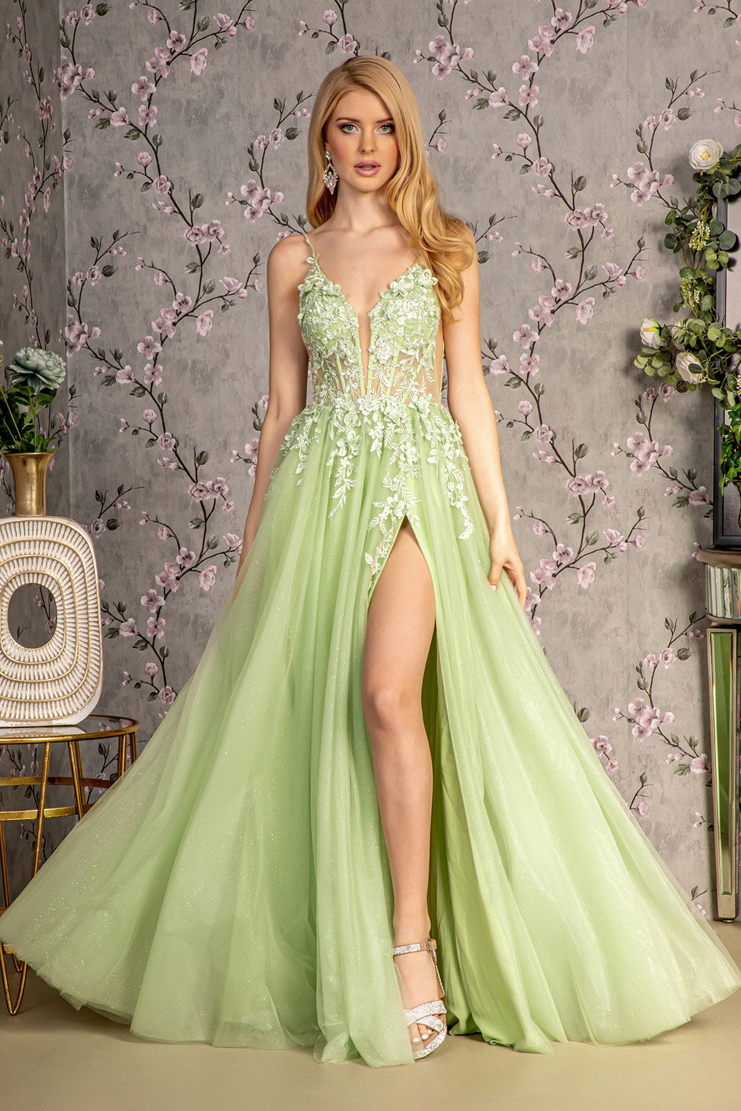 3-D Flower Glitter Sheer Bodice Mesh A-line Long Dress w/ Side Slit XL / Light Green 3-D Flower Glitter Sheer Bodice Mesh A-line Long Dress w/ Side Slit XL / Light Green