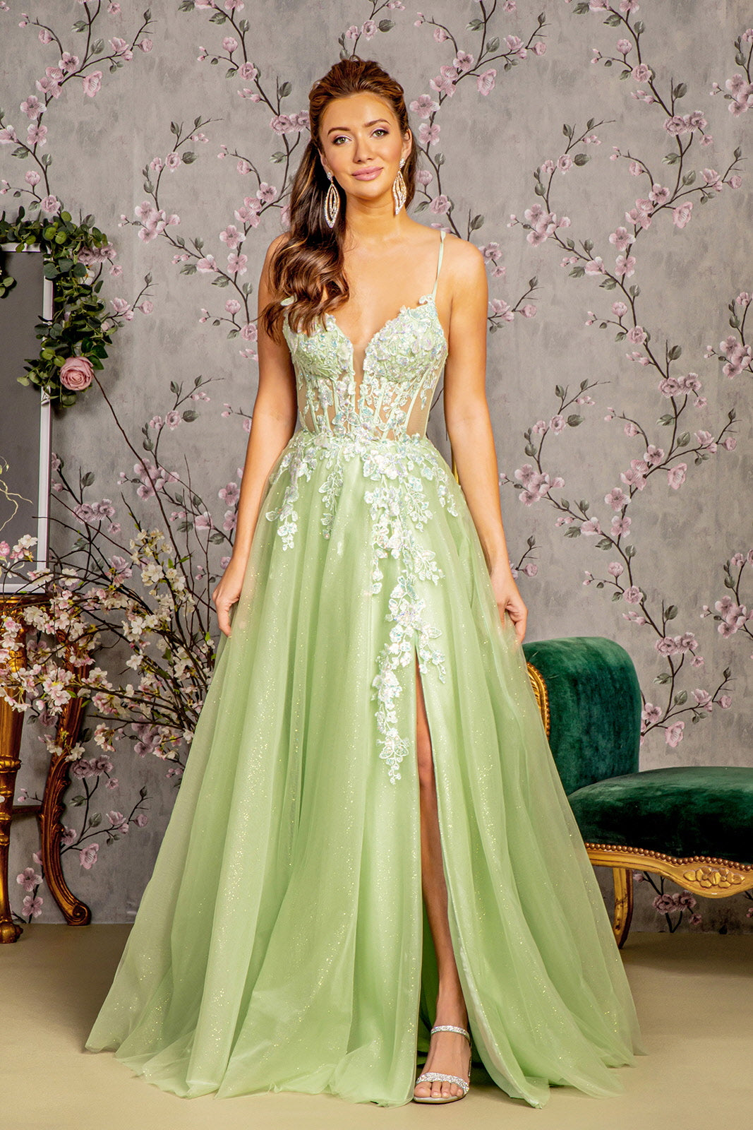 3-D Butterfly Sheer Corset Bodice Mesh A-Line Long Dress 3XL / Light Green 3-D Butterfly Sheer Corset Bodice Mesh A-Line Long Dress 3XL / Light Green