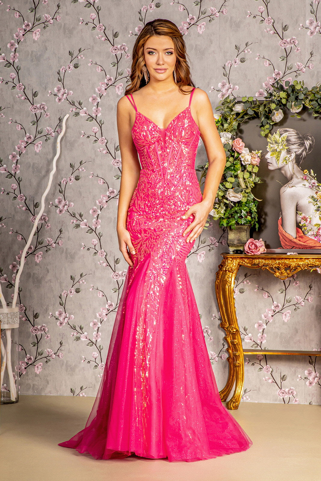 Sequin Illusion Sweetheart Sheer Bodice Mesh Mermaid Long Dress S / Hot Pink Sequin Illusion Sweetheart Sheer Bodice Mesh Mermaid Long Dress S / Hot Pink
