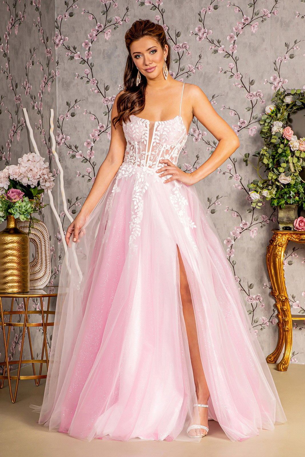 Embroidery Sequin Sheer Bodice Mesh A-line Long Dress 2XL / Light Pink Embroidery Sequin Sheer Bodice Mesh A-line Long Dress 2XL / Light Pink