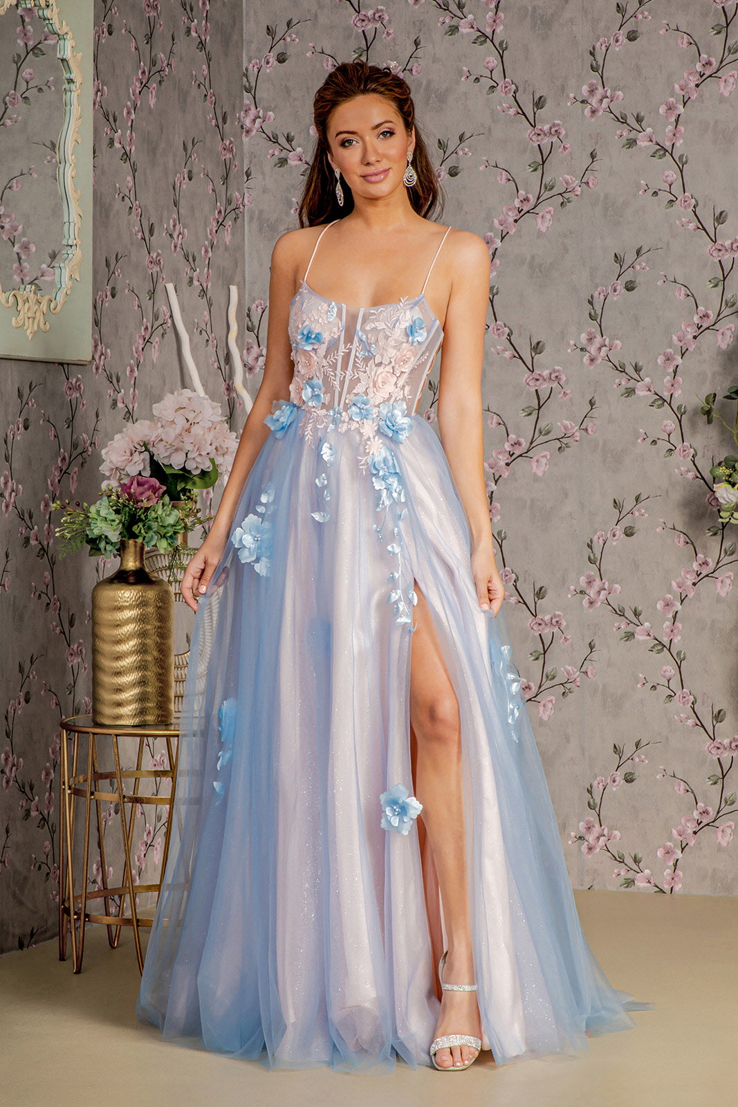 3-D Flower Sheer Bodice Cut-out Back Mesh A-line Long Dress Tux-USA 3-D Flower Sheer Bodice Cut-out Back Mesh A-line Long Dress Tux-USA