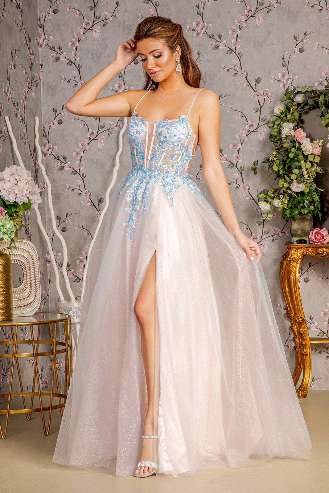 Glitter Sequin Sheer Corset Bodice Mesh A-line Long Dress Tux-USA Glitter Sequin Sheer Corset Bodice Mesh A-line Long Dress Tux-USA