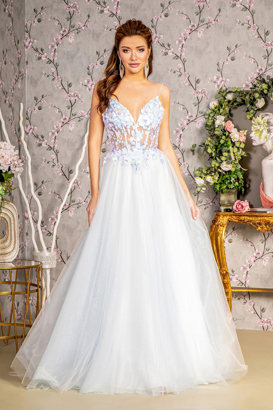 3-D Butterfly Sheer Corset Bodice A-line Mesh Long Dress Tux-USA 3-D Butterfly Sheer Corset Bodice A-line Mesh Long Dress Tux-USA