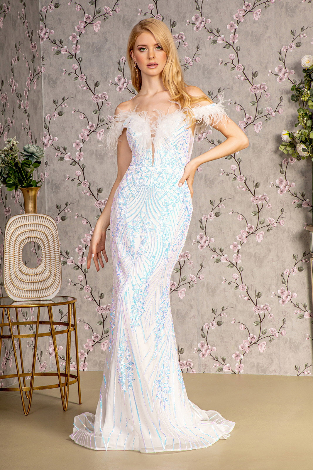 Feather Sequin Illusion Sweetheart Mesh Mermaid Long Dress 3XL / Ivory Feather Sequin Illusion Sweetheart Mesh Mermaid Long Dress 3XL / Ivory