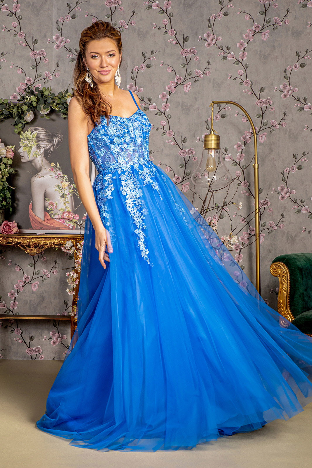 Jewel 3-D Flower Sheer Bodice Mesh A-Line Long Dress S / Royal Blue Jewel 3-D Flower Sheer Bodice Mesh A-Line Long Dress S / Royal Blue