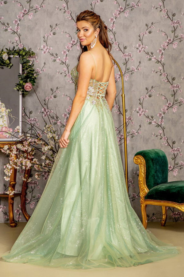 3-D Flower Jewel Sheer Corset Bodice Mesh A-line Long Dress Tux-USA 3-D Flower Jewel Sheer Corset Bodice Mesh A-line Long Dress Tux-USA