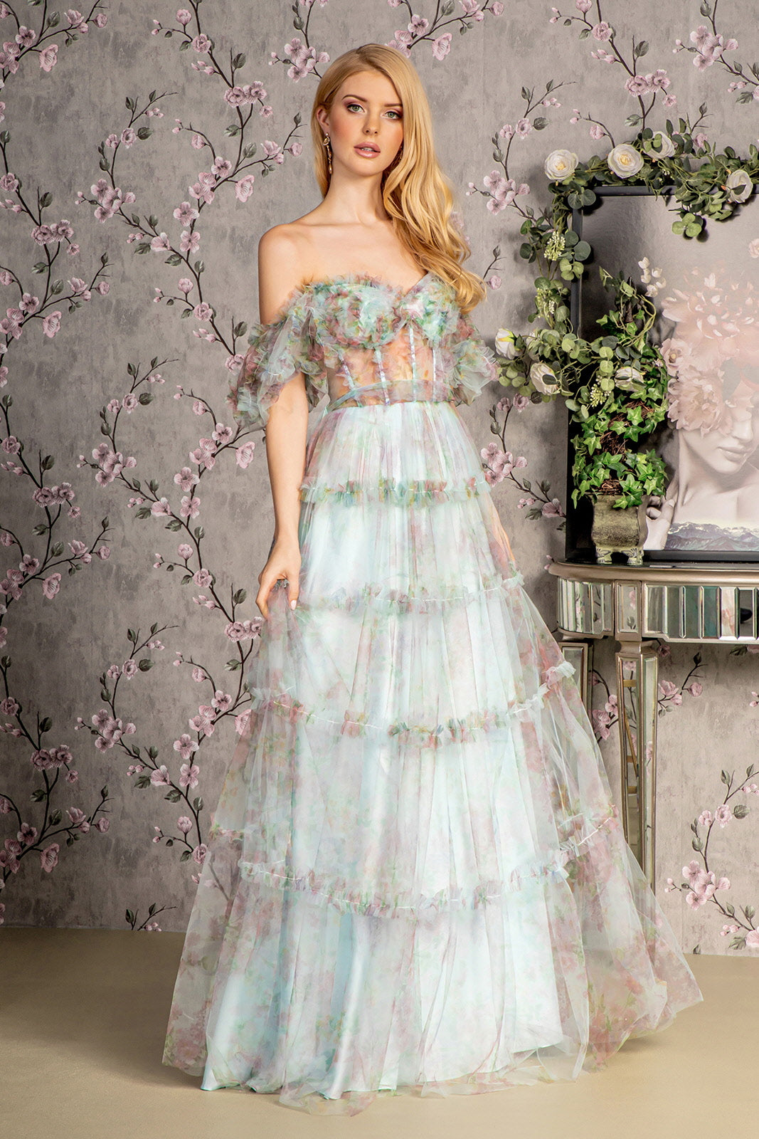 Sweetheart Off Shoulder Ruffle Mesh A-line Long Dress XL / Blue Sweetheart Off Shoulder Ruffle Mesh A-line Long Dress XL / Blue