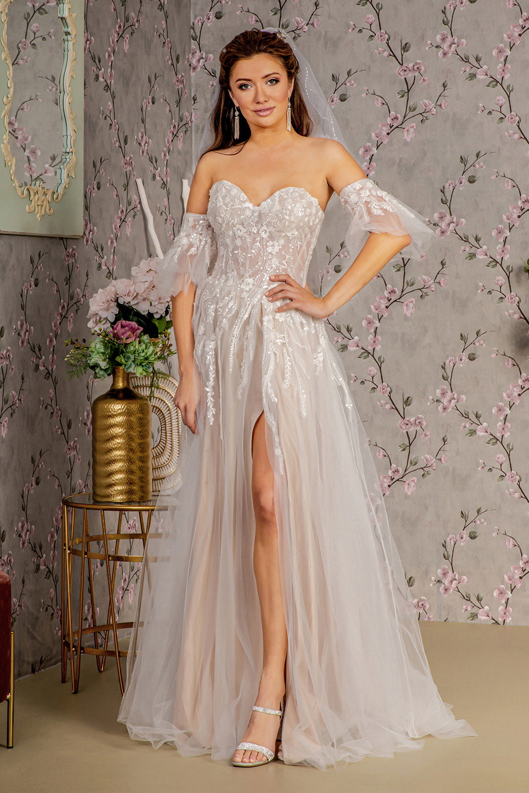 Sheer Bodice Mesh A-Line Wedding Gown w/ Detachable Short Sleeves 3XL / Ivory/Champagne Sheer Bodice Mesh A-Line Wedding Gown w/ Detachable Short Sleeves 3XL / Ivory/Champagne