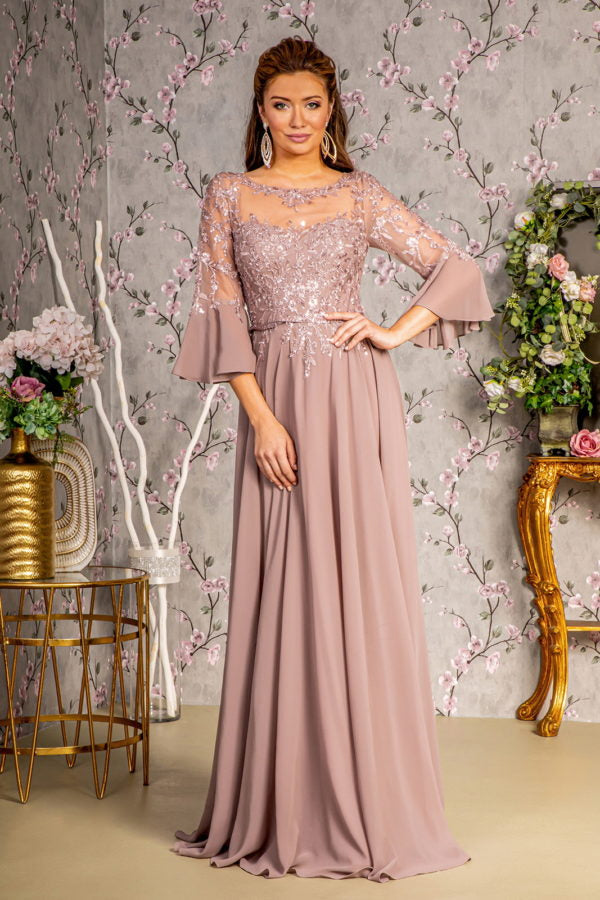 Floral Embroidery Bead Chiffon A-line Long Dress w/ Waist Band Floral Embroidery Bead Chiffon A-line Long Dress w/ Waist Band