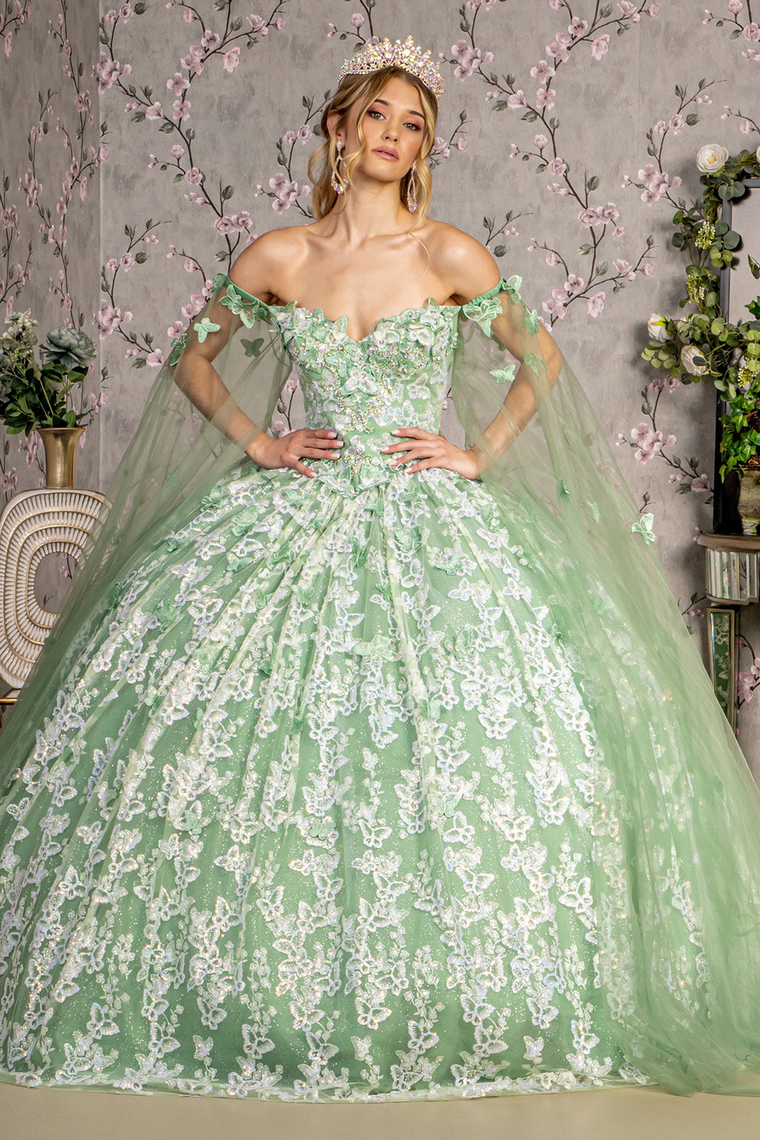 Jewel 3-D Butterfly Mesh Ball Gown w/ Long Sheer Sleeve Drapes Tux-USA Jewel 3-D Butterfly Mesh Ball Gown w/ Long Sheer Sleeve Drapes Tux-USA