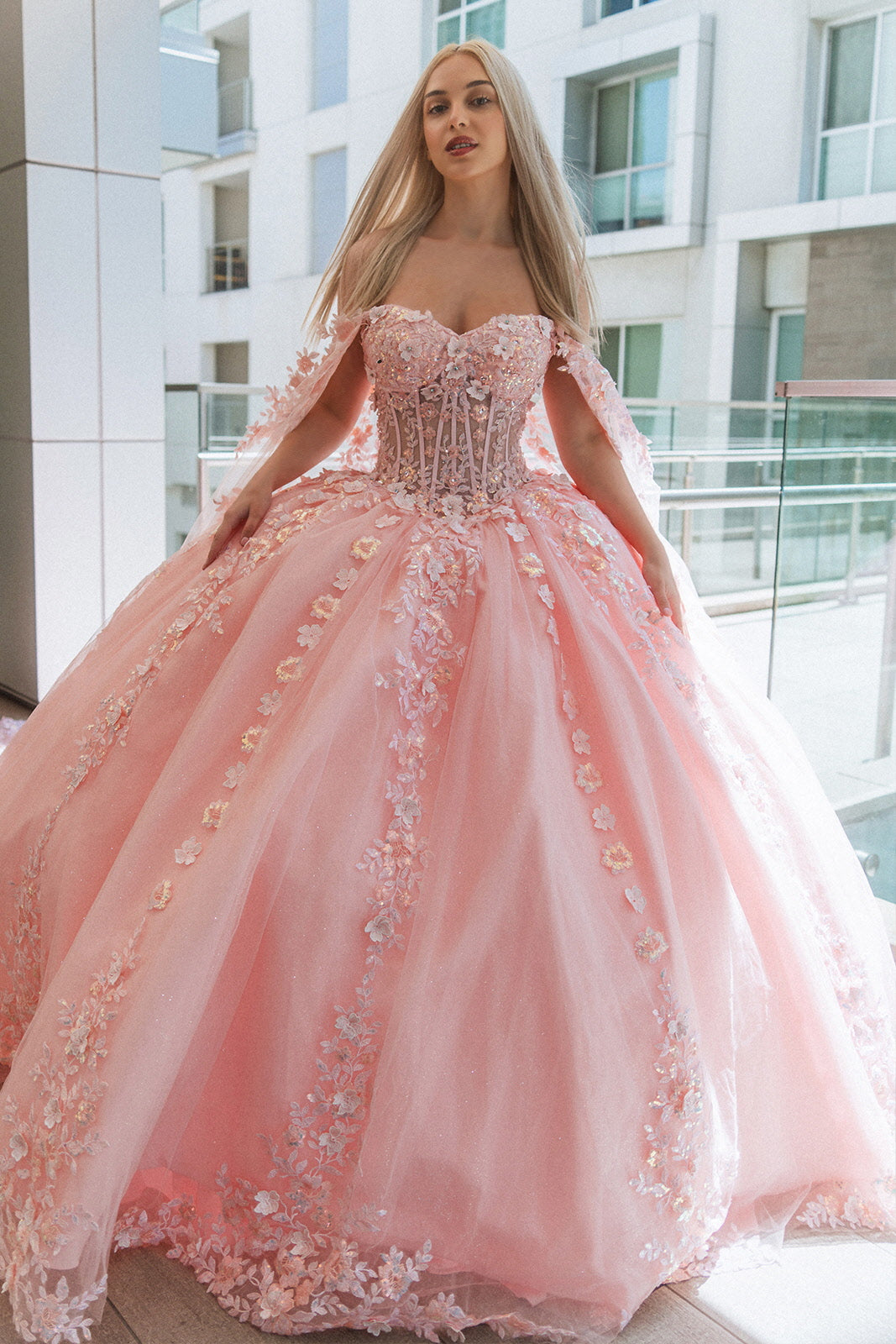 3-D Flower Sheer Bodice Mesh Ball Gown w/ Side Mesh Long Drapes