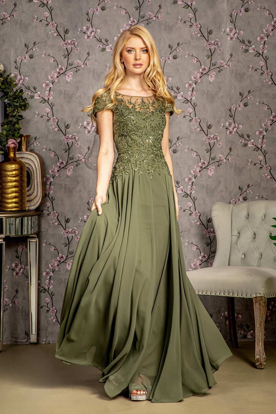 Embroidery Bead Sheer Bodice A-line Chiffon Long Dress XL / Olive Embroidery Bead Sheer Bodice A-line Chiffon Long Dress XL / Olive