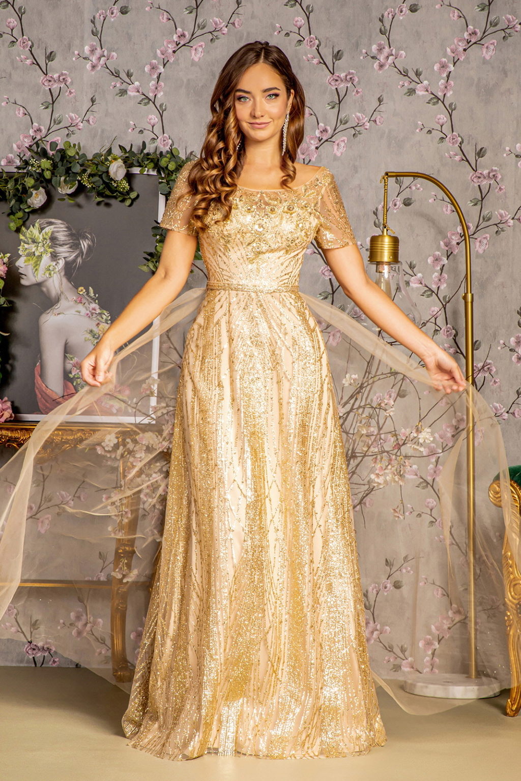 Metallic Bead Mesh A-line Long Dress w/ Waist Band and Long Drape Metallic Bead Mesh A-line Long Dress w/ Waist Band and Long Drape