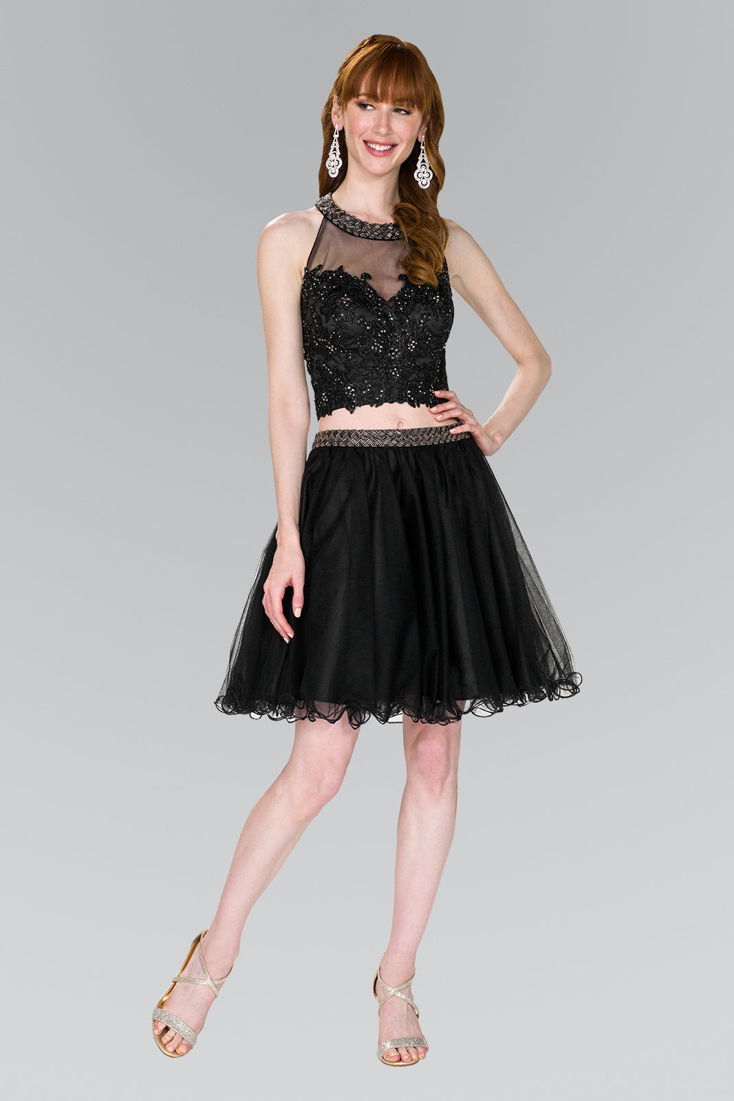 Two-Piece Strap-Back Tulle Short Dress L / Black