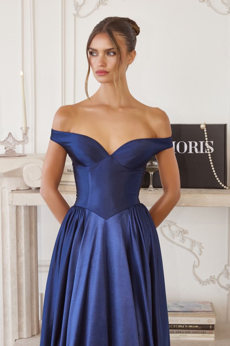 Off-Shoulder Satin Ball Gown with Sweetheart Bodice and Flowing Skirt