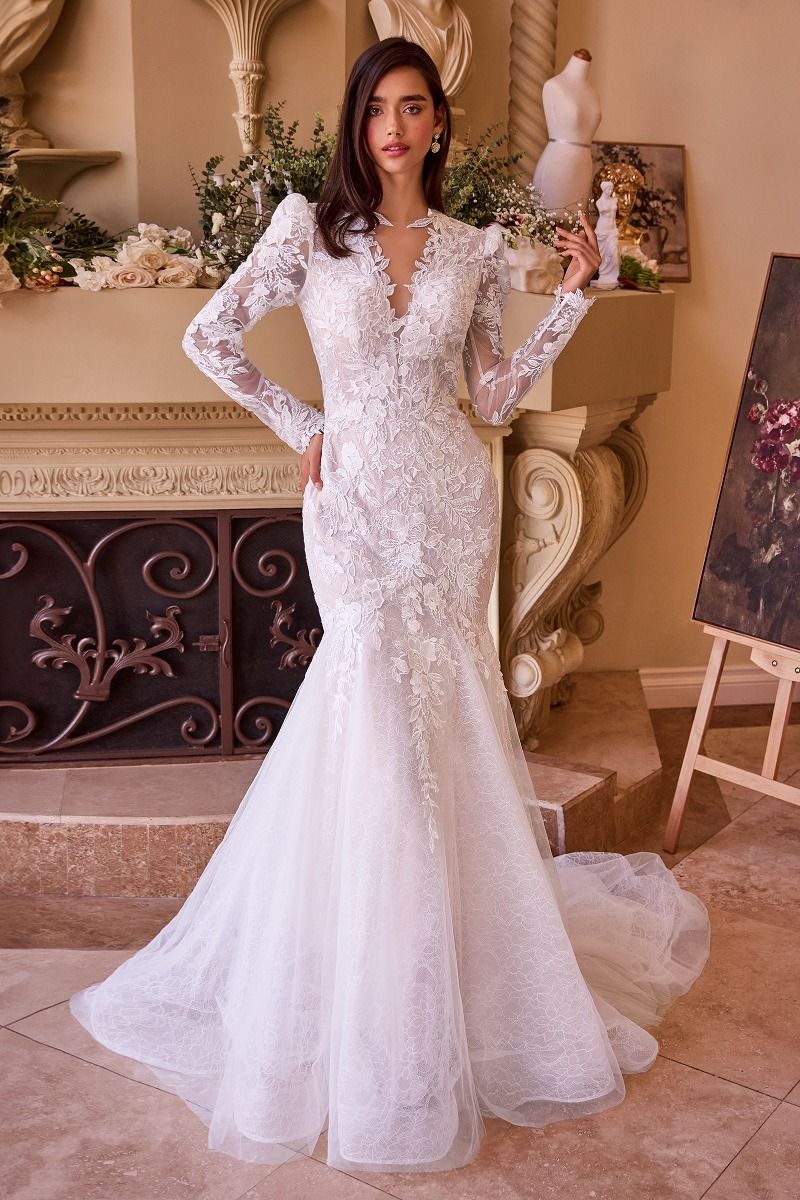 long sleeve lace mermaid wedding dress Long Sleeve Mermaid Lace Wedding Dress with Front Slit HAREM's Brides