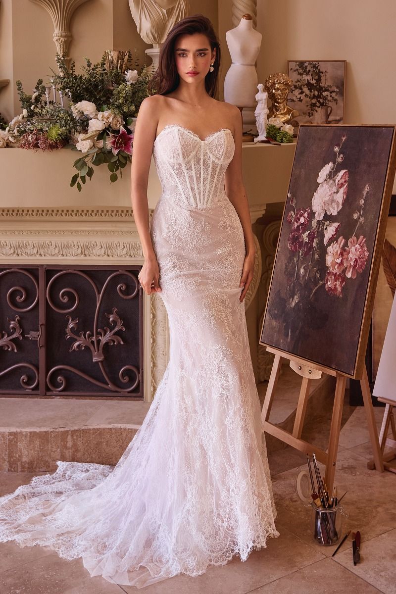 Fitted Lace Wedding Dress & Removable Overskirt 12 / Off White-Nude Fitted Lace Wedding Dress & Removable Overskirt 12 / Off White-Nude