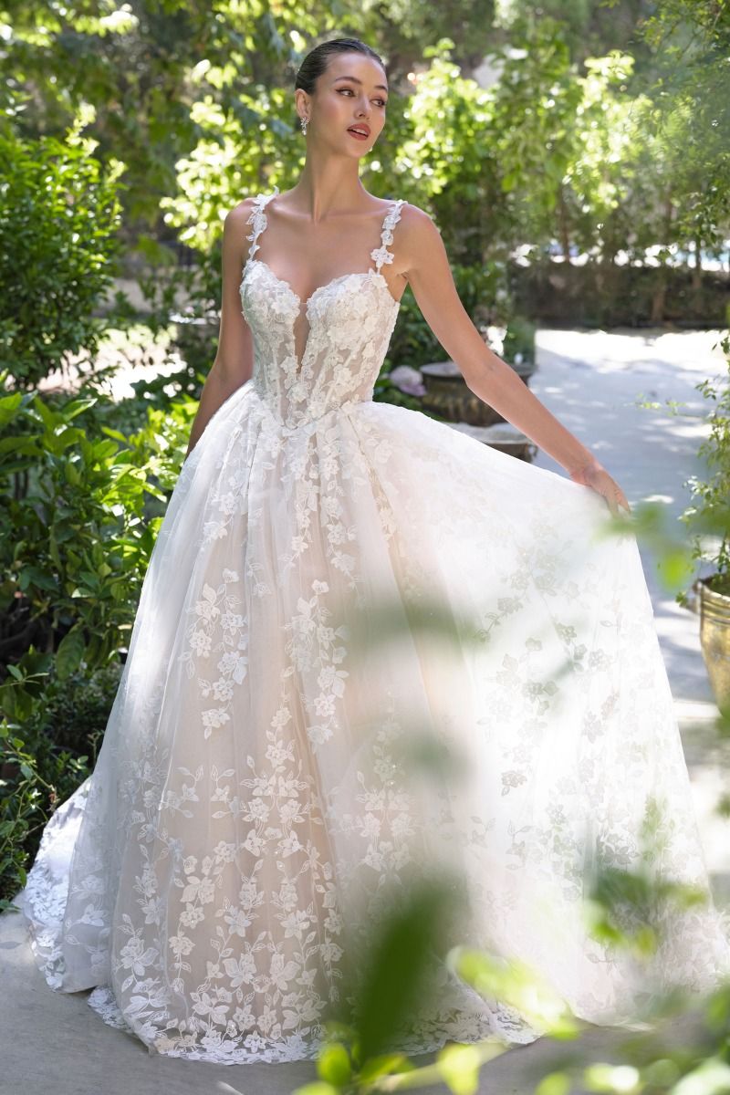 Ball Gown Wedding Dress Illusion Neckline, Delicate Floral Appliqué St –  Tux-USA®