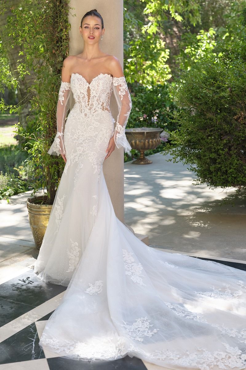 Lace Appliqué Mermaid Bridal Gown with Detachable Sheer Sleeves