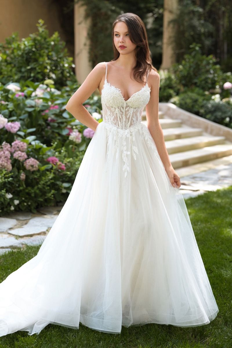 A-Line Wedding Gown A Sheer Corset Bodice with Lace Appliqu and Beaded Spaghetti Straps 18 / Off White A-Line Wedding Gown A Sheer Corset Bodice with Lace Appliqu and Beaded Spaghetti Straps 18 / Off White