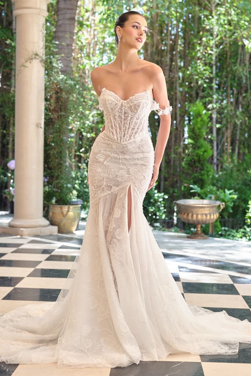 Fitted Gown an Illusion Corset Bodice and Dimensional Floral Lace Tux-USA Fitted Gown an Illusion Corset Bodice and Dimensional Floral Lace Tux-USA