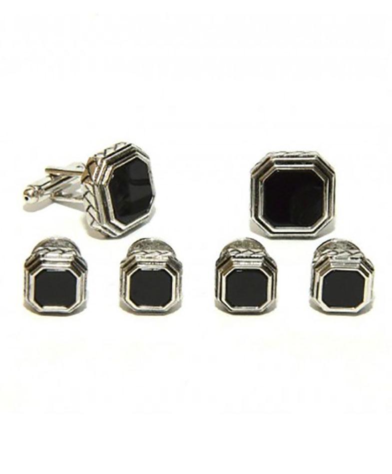 Black Octagon Onyx in Antique Silver Setting Studs &