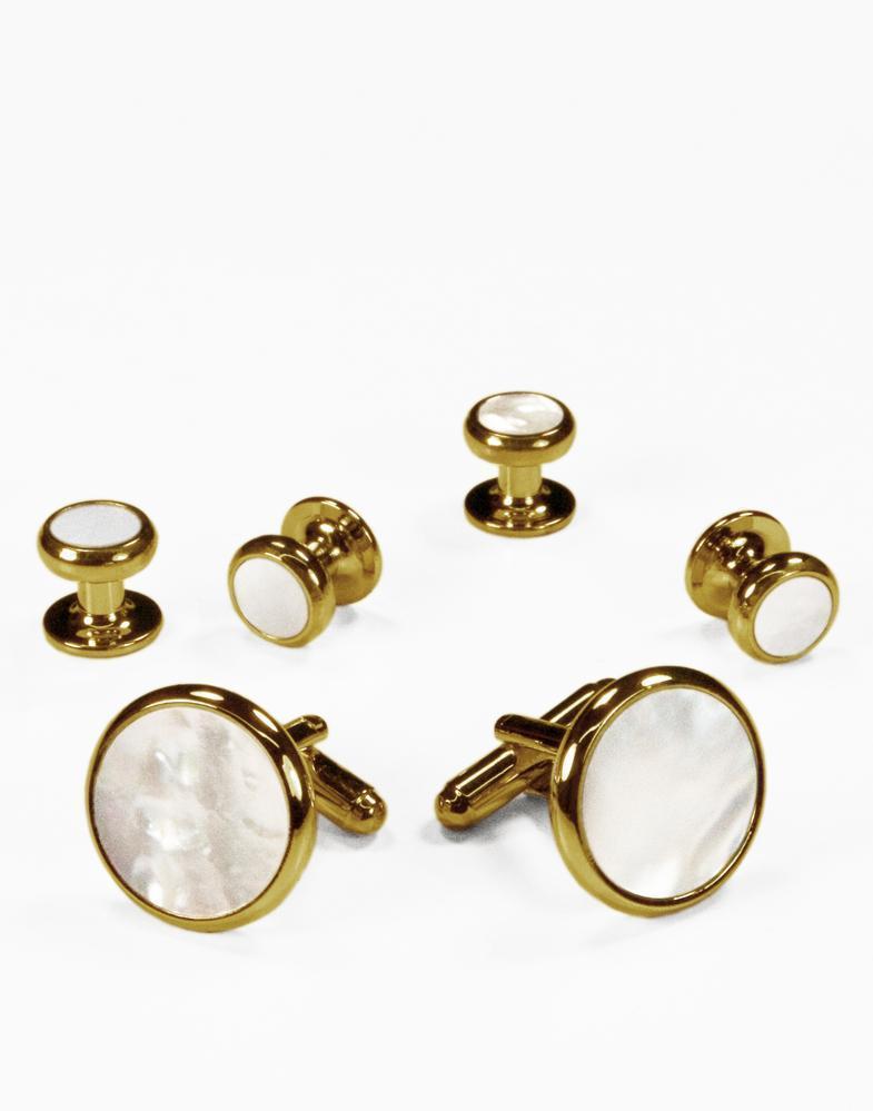 White Mother of Pearl in Gold or Silver Setting Studs & Cufflinks Set