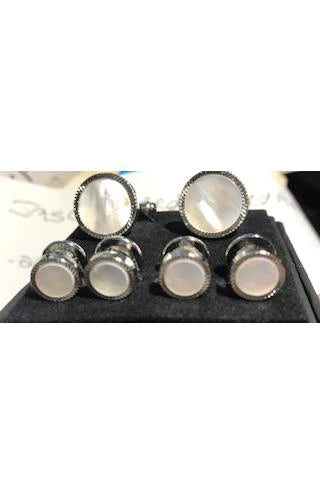 White Mother of Pearl with Silver Feather Cut Edge Studs and Cufflinks Set
