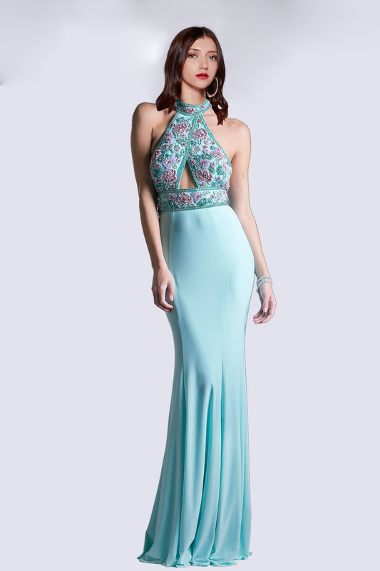 Fitted Jersey Gown with Beaded Halter Neckline