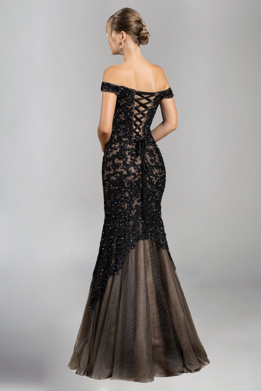 Off the Shoulder Mermaid Gown with Lace Overlay