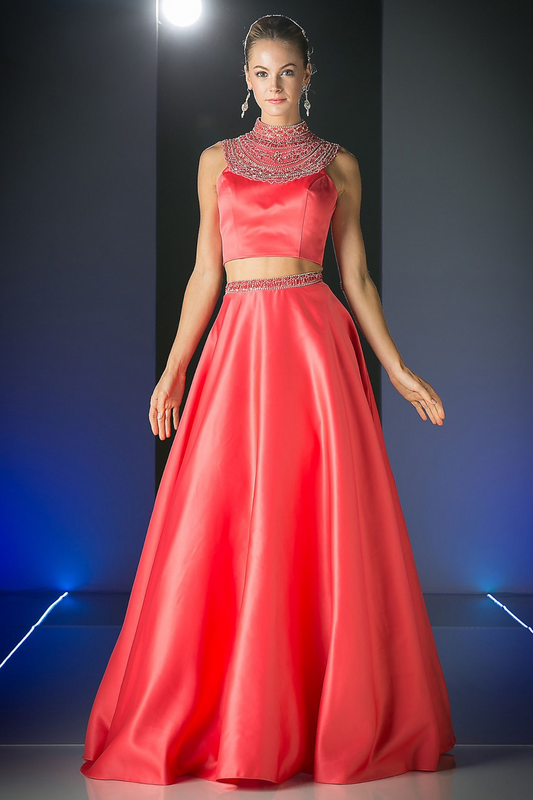 Beaded 2 Piece Satin A - Line Dress