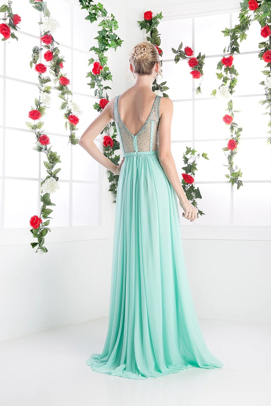 A-line Stretch Nesh Gown With Illusion Bodice