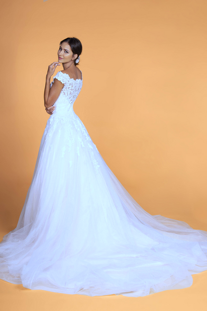 Boat-Neck Embroidered Mesh A-Line Wedding Gown