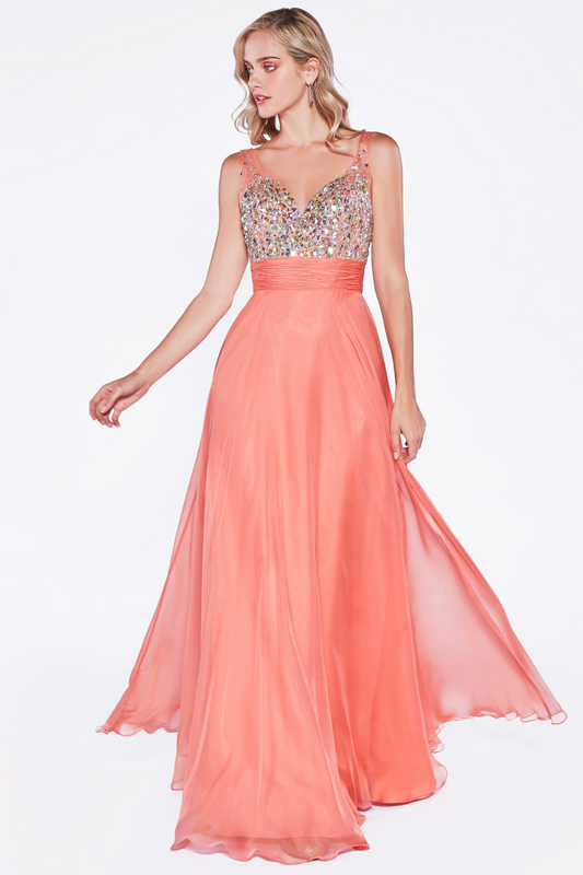 A-Line Dress with Chiffon Skirt and Beade V-Neckline Bodice